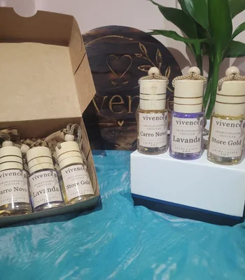 Aromatizador veicular em vidro compacto com tampa difusora em madeira torneada e cordão trançado.