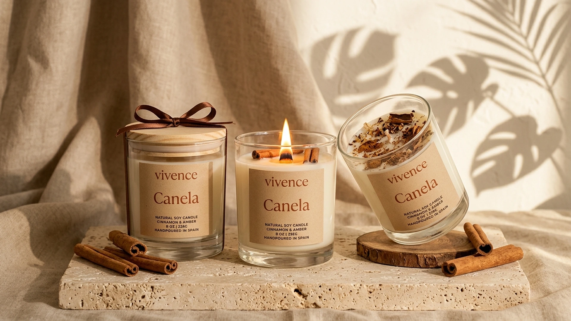 Trio de velas aromáticas artesanais Vivence Canela com chama suave, tampa de madeira e especiarias sobre base de travertino.